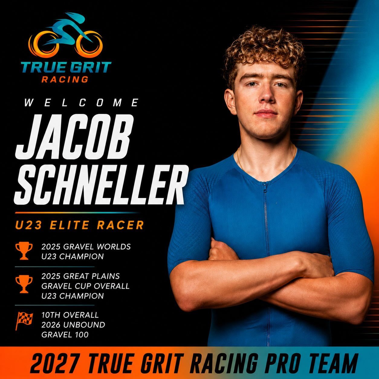 Jacob Schneller is a gravel and road racer from Lawrence, Kansas. After discovering cycling through Bike Across Kansas, he quickly developed into one of the nation’s top young off-road racers.

In just a few years, Jacob has progressed from racing local Midwest events to earning a spot in the 2026 Lifetime Grand Prix U23 field. His career highlights include a 10th-place overall finish at the  Unbound Gravel 100, the 2025 Gravel Worlds U23 Championship, and the 2025 Great Plains Gravel Cup Overall U23 Championship.

Away from racing, Jacob studies Exercise Science and Nutrition at the University of Kansas, where he also serves as President of the University of Kansas Cycling Club.

For 2027, Jacob joins True Grit Racing as the team’s U23 Elite Racer, completing the men’s professional roster alongside Trey Shepard and Kyle Kalish.

#gravelracer #gravelerace #truegritracing #lifetimegrandprix