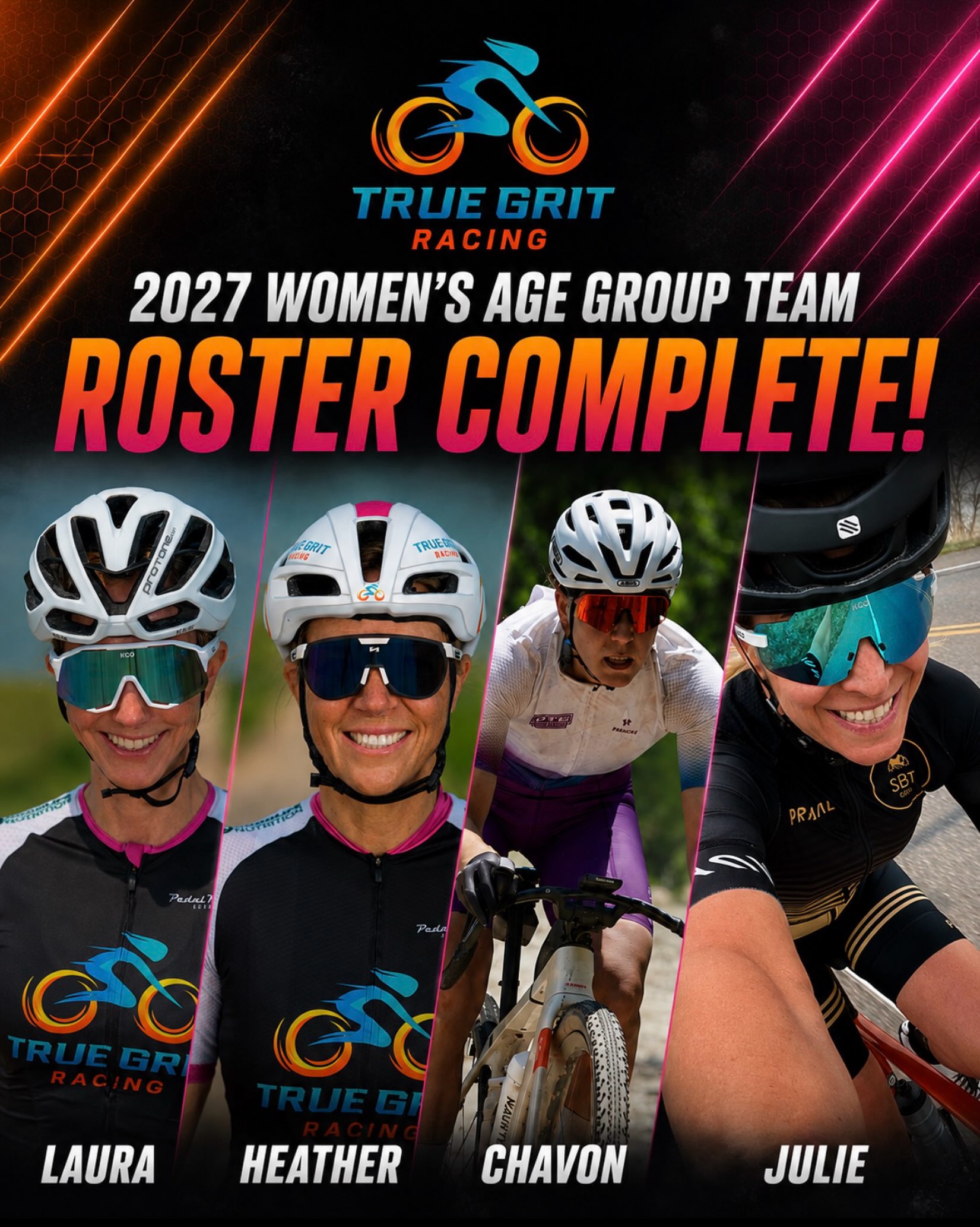 Our 2027 Women’s Age Group roster is officially complete! 🔥

At True Grit Racing, we’re committed to supporting women’s racing and building a team where men and women are represented equally and given the same opportunities.

Laura, Heather, Chavon and Julie are proven competitors and legitimate podium threats, with wins and podiums in their divisions at some of the biggest gravel races in the country.

We’re incredibly excited to see what these four can accomplish together in 2027
#womenincycling #gravel #gravelracing #truegritracing 
@heather_wajer 
@gritgraceandgratitude 
@chavon.r 
@spincess_co