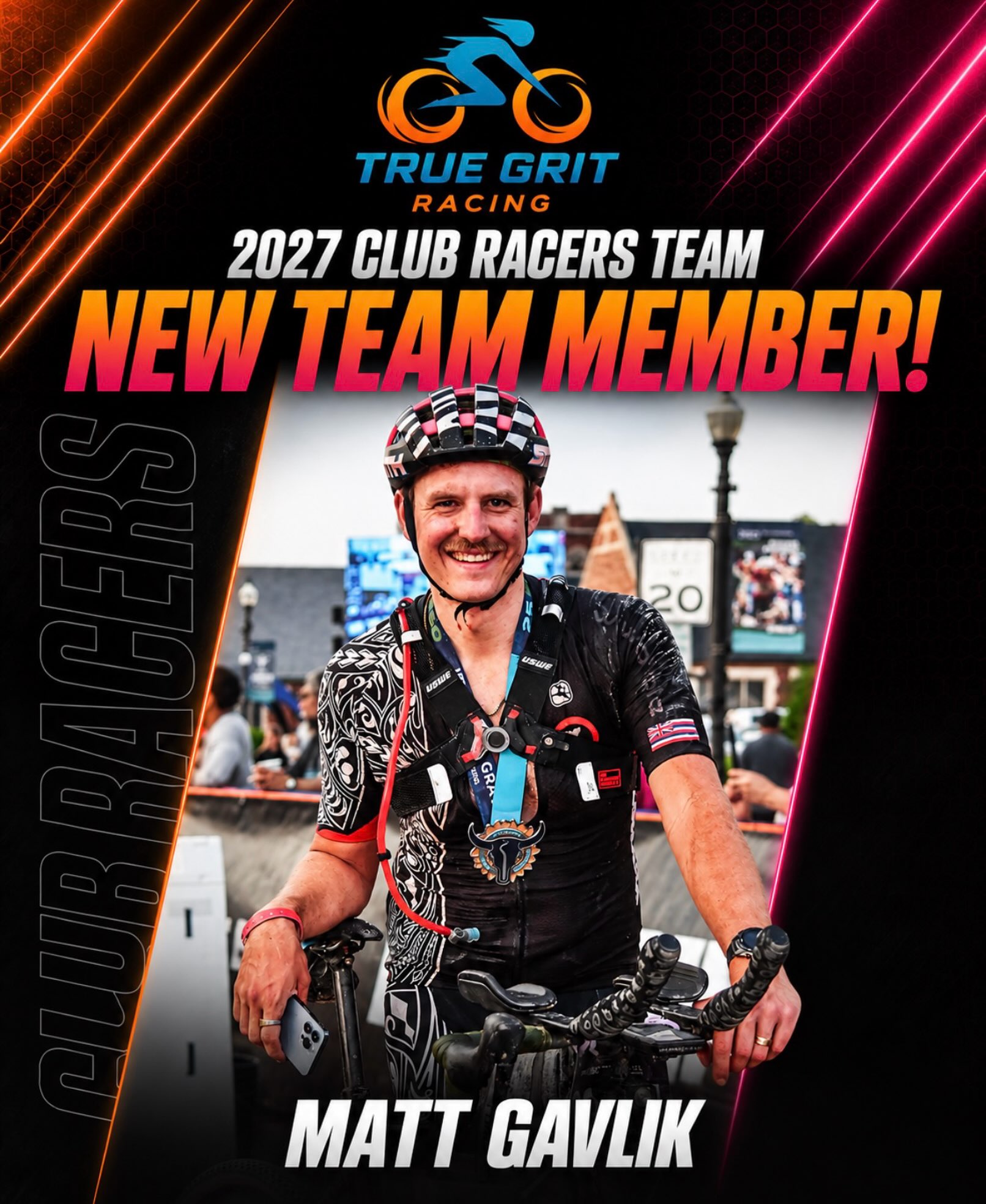 We are excited to announce our first Club Racer for 2027!

Matt is originally from New York where he was part of the central park crit racing scene. 

For the last 6 years, he’s been living in Vermont where he’s found his passion for gravel racing. He’s raced at Unbound 200, The Rad, UCI races and will be at Big Sugar this October. In 2027 he’s targeting Gravel Worlds 300 and a UCI Gravel World Champions qualifier slot. At 6’3”, he’s built for big watts for long efforts. 

During the off season, Matt keeps his endurance engine burning with nordic skiing and spends his recovery days future minded building a race van that he says is “almost done”.

Welcome to the team Matt!!
#gravel #gravelrace #truegritracing